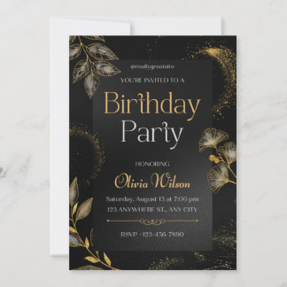 Black and Gold Elegant Floral Birthday Party Invit Invitation