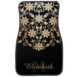 Black and Gold Elegant Floral Car Floor Mat