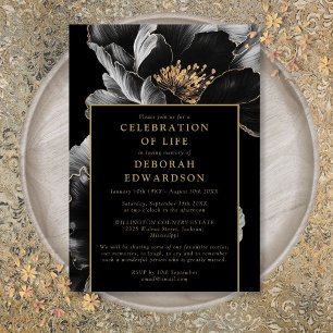 Black And Gold Elegant Floral Celebration Of Life Invitation
