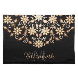 Black and Gold Elegant Floral Cloth Placemat