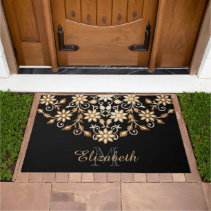 Black and Gold Elegant Floral Doormat