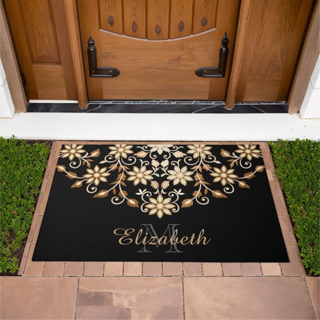 Black and Gold Elegant Floral Doormat (Outdoor)