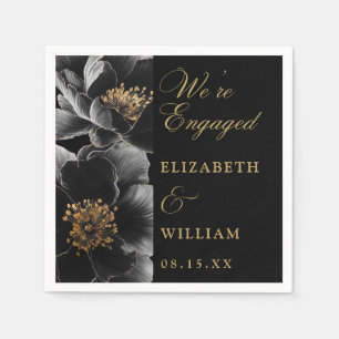 Black And Gold Elegant Floral Engagement Party Napkins