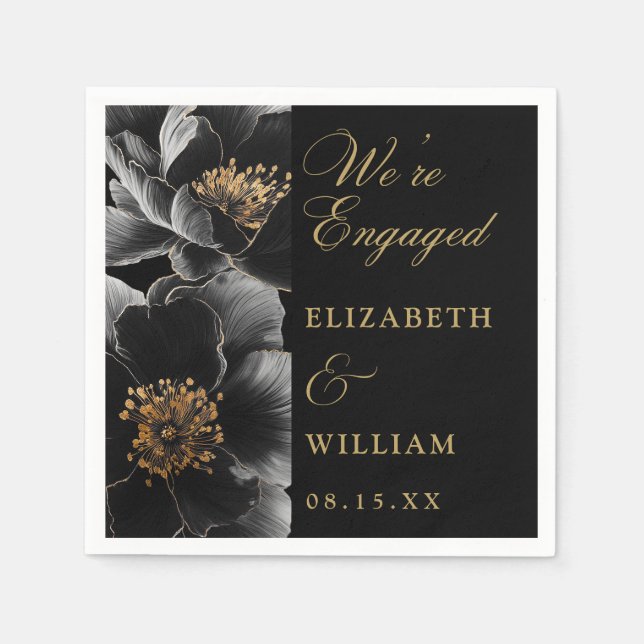 Black And Gold Elegant Floral Engagement Party Napkins (Front)