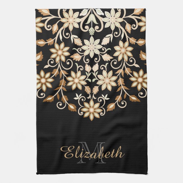 Black and Gold Elegant Floral Kitchen Towel (Vertical)