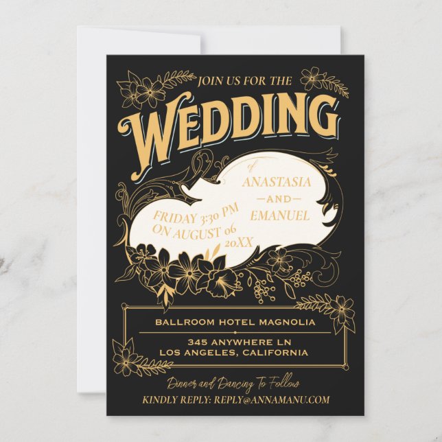 Black and Gold Elegant Floral Ornate Wedding Invitation (Front)