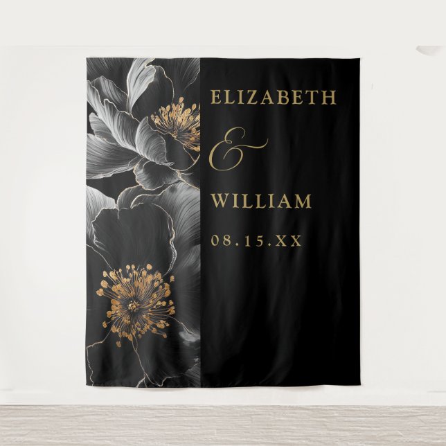 Black And Gold Elegant Floral Wedding Backdrop (Front)