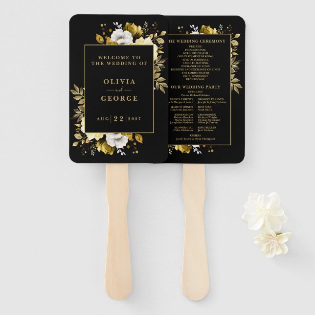 Black And Gold Elegant Floral Wedding Program Hand Fan (Front and Back)