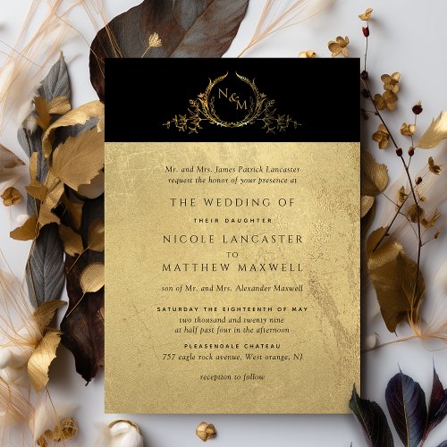 Black and Gold Elegant Formal Monogram Wedding Invitation