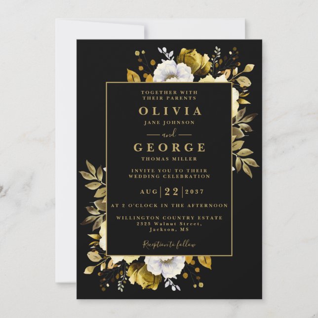 Black And Gold Elegant Garden Floral Invitation (Front)