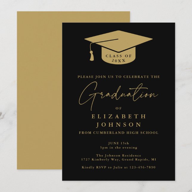 Black And Gold Elegant Graduation Party Invitation (Front/Back)