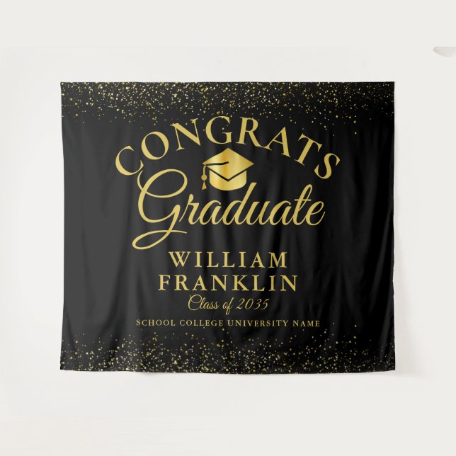 Black And Gold Elegant Graduation Photo Backdrop (Front (Horizontal))
