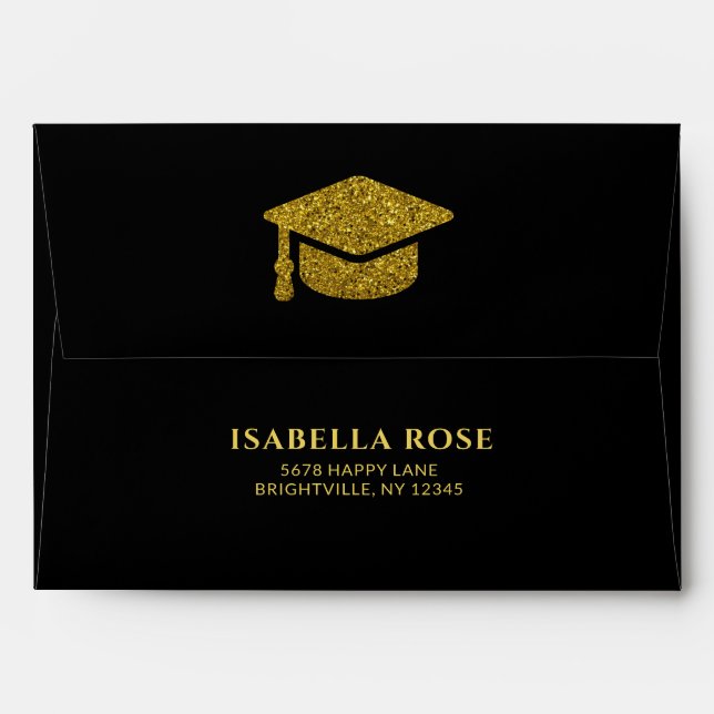 Black and Gold Elegant Graduation Return Address Envelope (Back (Top Flap))