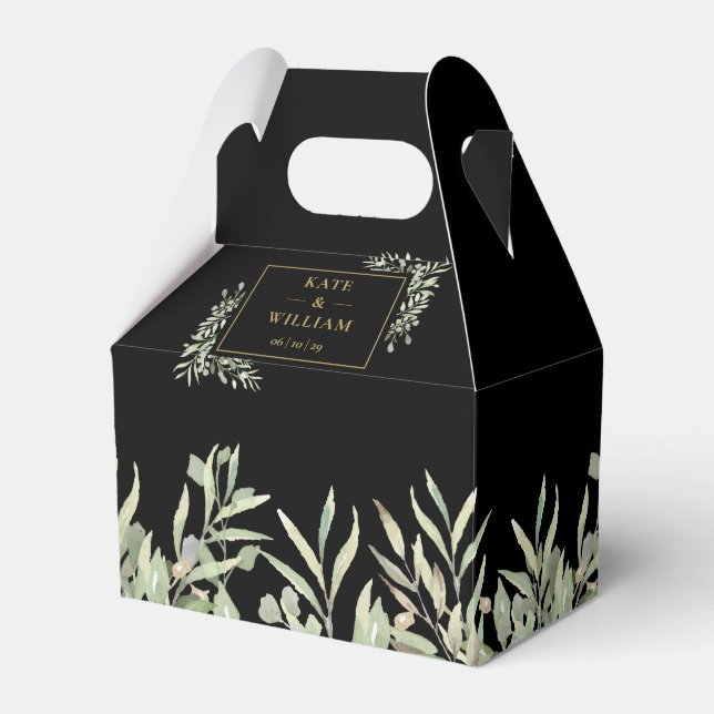 Black And Gold Elegant Greenery Wedding  Favor Boxes (Front Side)