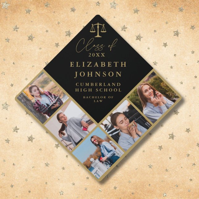 Black And Gold Elegant Law School 5 Photo Collage Graduation Cap Topper (Black And Gold Elegant Law School 5 Photo Collage Graduation Cap Topper)