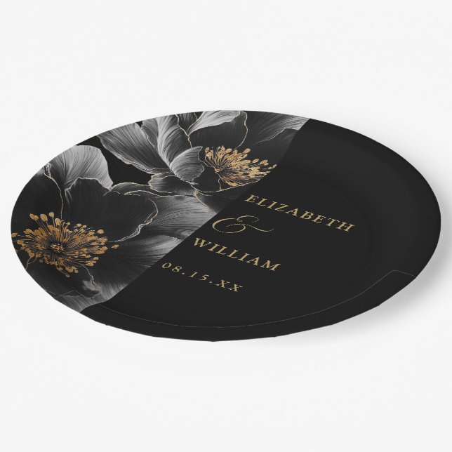 Black And Gold Elegant Luxury Floral Wedding Paper Plates