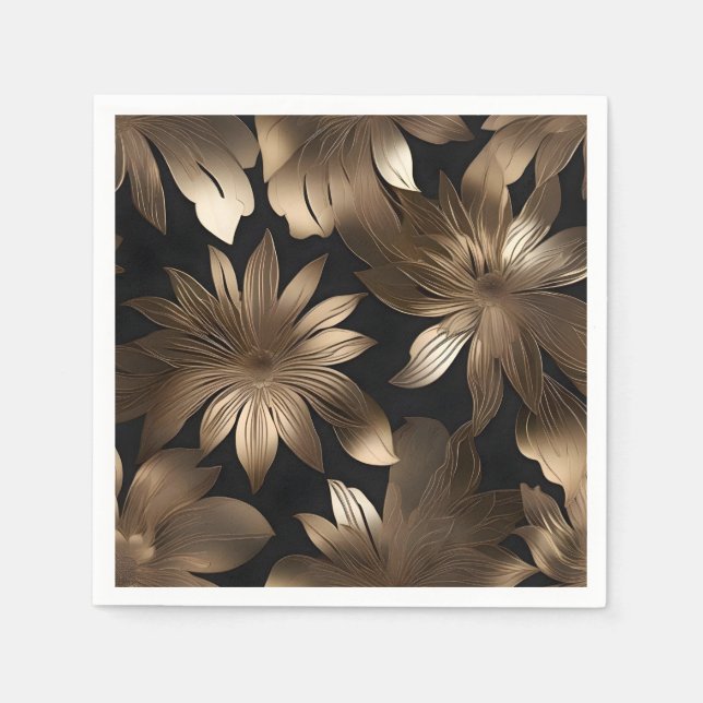 Black and Gold Elegant  Modern Floral Napkins (Front)