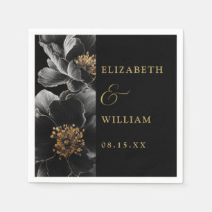 Black And Gold Elegant Modern Floral Wedding Napkins