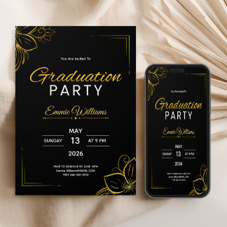 Black and Gold Elegant Modern Graduation Party Invitation