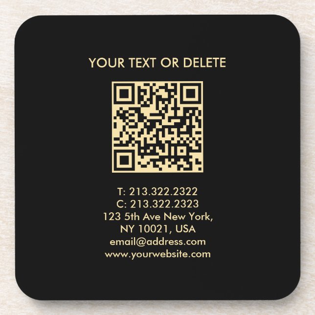 Black And Gold Elegant Modern Template QR Code Beverage Coaster (Front)
