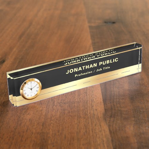 Black And Gold Elegant Modern Template With Clock Desk Name Plate