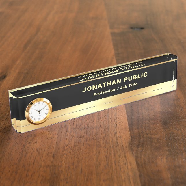 Black And Gold Elegant Modern Template With Clock Desk Name Plate (Side)