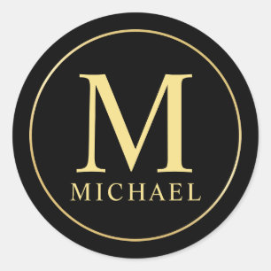 Black and Gold Elegant Monogram Classic Round Sticker