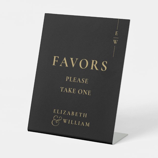 Black And Gold Elegant Monogram Favors Wedding Pedestal Sign (Front)