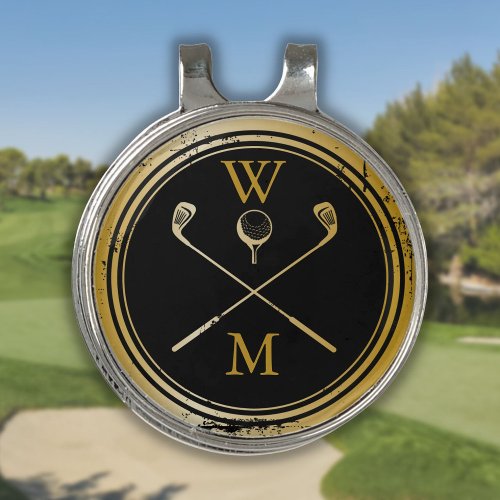 Black And Gold Elegant Monogram Initials Golf Hat Clip