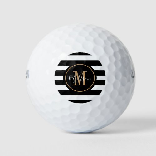 Black And Gold Elegant Monogram Name Womens Golf Balls