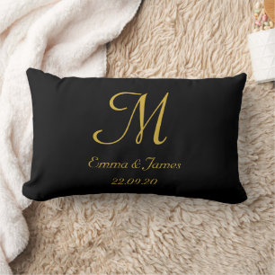 Black and Gold Elegant Monogram Script Name Lumbar Pillow