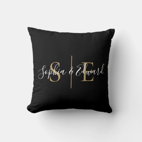 Black And Gold Elegant Monogram Script Name Throw Pillow