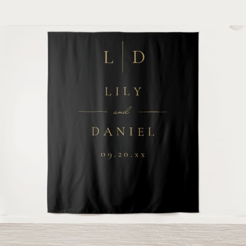 Black and Gold Elegant Monogram Wedding Backdrop