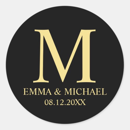 Black and Gold Elegant Monogram Wedding Favor Classic Round Sticker