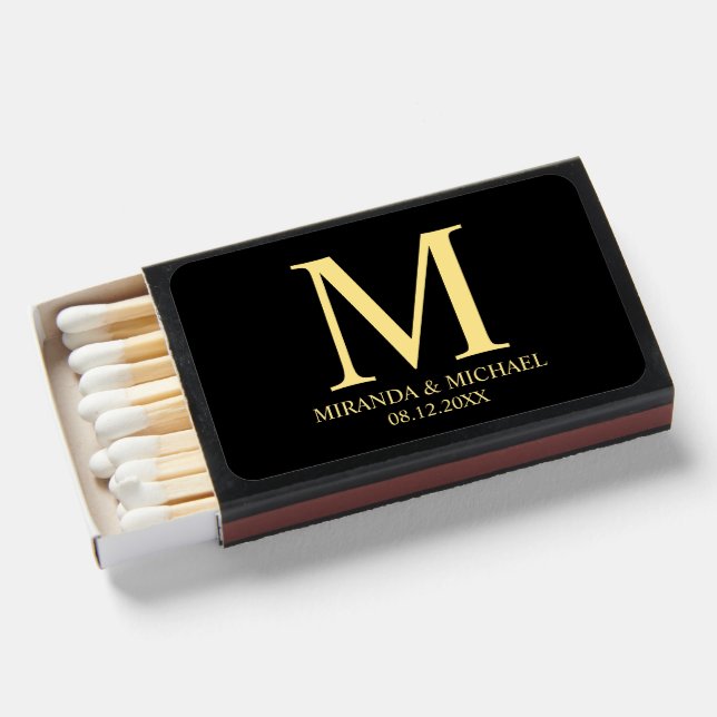 Black and Gold Elegant Monogram Wedding Favor Matchboxes (Front Open)