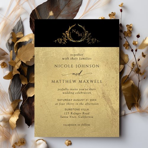 Black and Gold Elegant Monogram Wedding Invitation