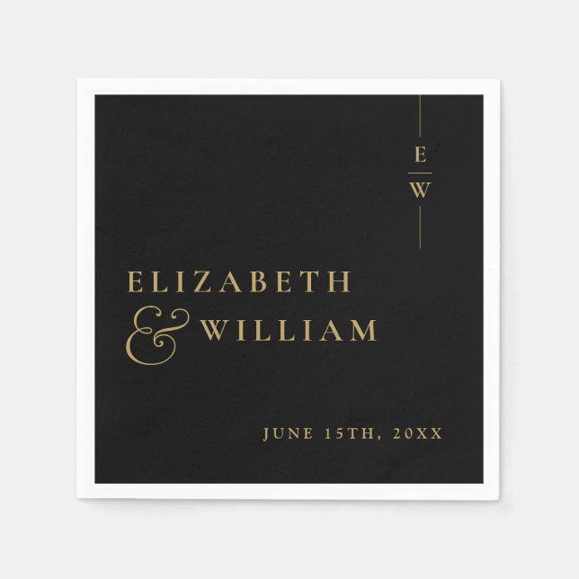 Black And Gold Elegant Monogram Wedding Napkins (Front)