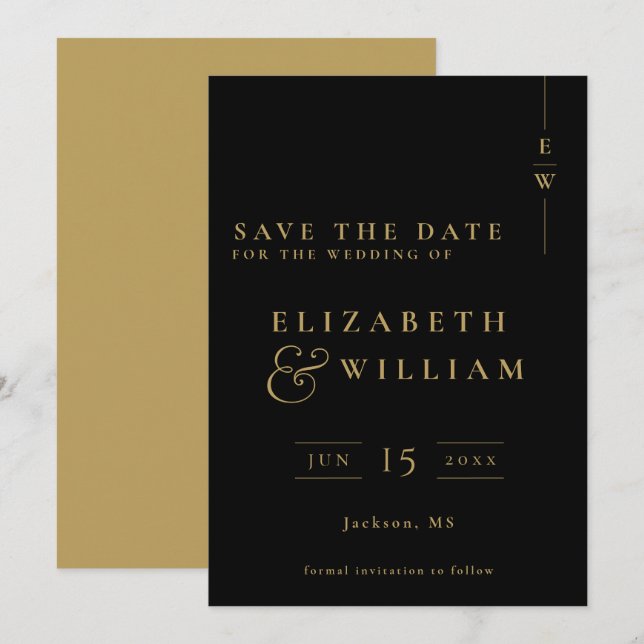 Black And Gold Elegant Monogram Wedding Save The Date (Front/Back)