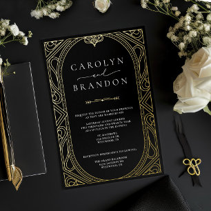 Black and Gold Elegant Ornate Wedding Invitation Foil Invitation