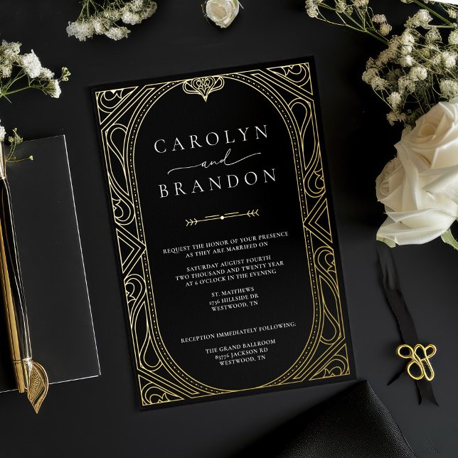 Black and Gold Elegant Ornate Wedding Invitation Foil Invitation (Black and real gold foil art deco 1920's style wedding invitation)