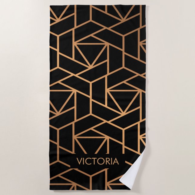 Black and Gold Elegant Pattern Beach Towel (Front)