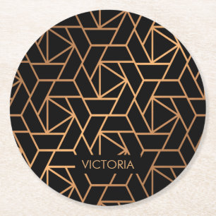 Black and Gold Elegant Pattern Round Paper Coaster
