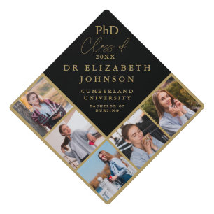 Black And Gold Elegant PhD Degree 5 Photo Collage Graduation Cap Topper