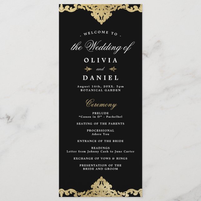Black and gold elegant romantic vintage wedding pr program (Front)