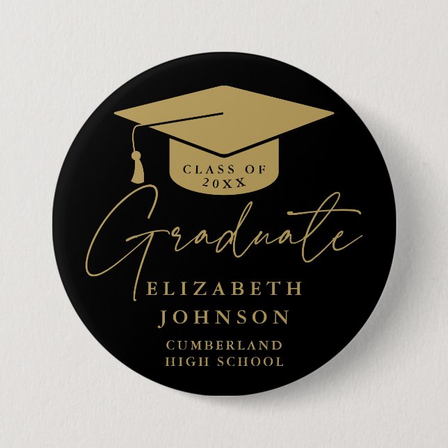 Black And Gold Elegant Script Graduation Button (Front)