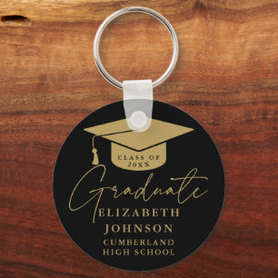Black And Gold Elegant Script Graduation Keychain
