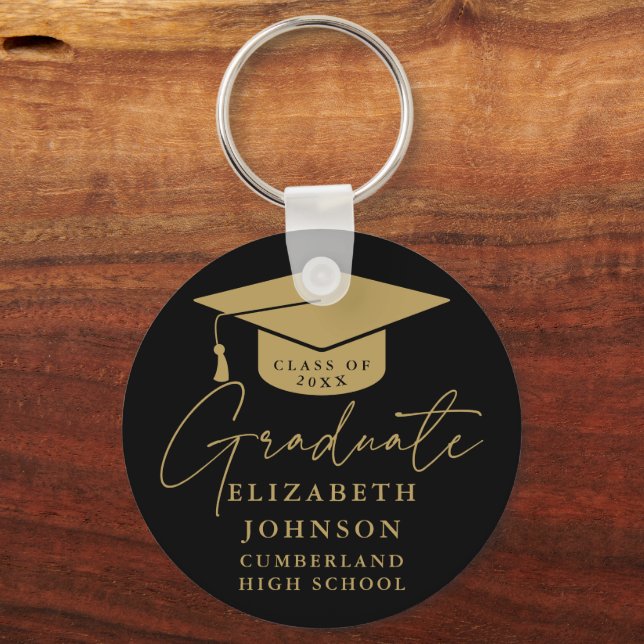 Black And Gold Elegant Script Graduation Keychain (Back)