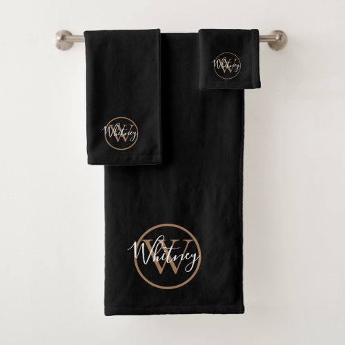 Black and Gold Elegant Script Monogram  Bath Towel Set