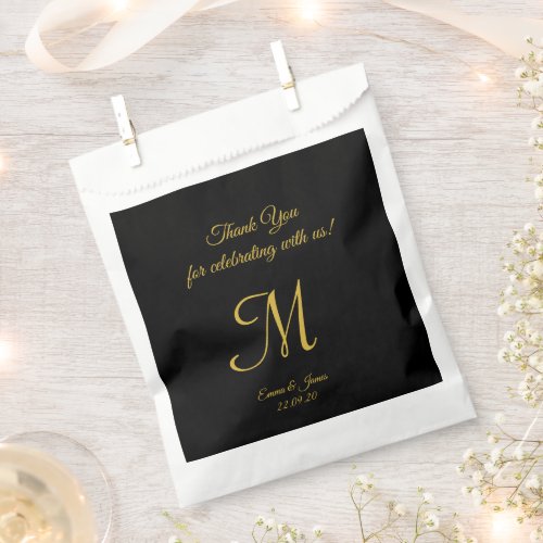 Black and Gold Elegant Script Monogram Thank You  Favor Bag