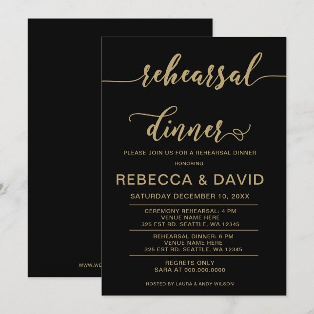 black and gold Elegant Script Rehearsal Dinner Invitation (Front/Back)